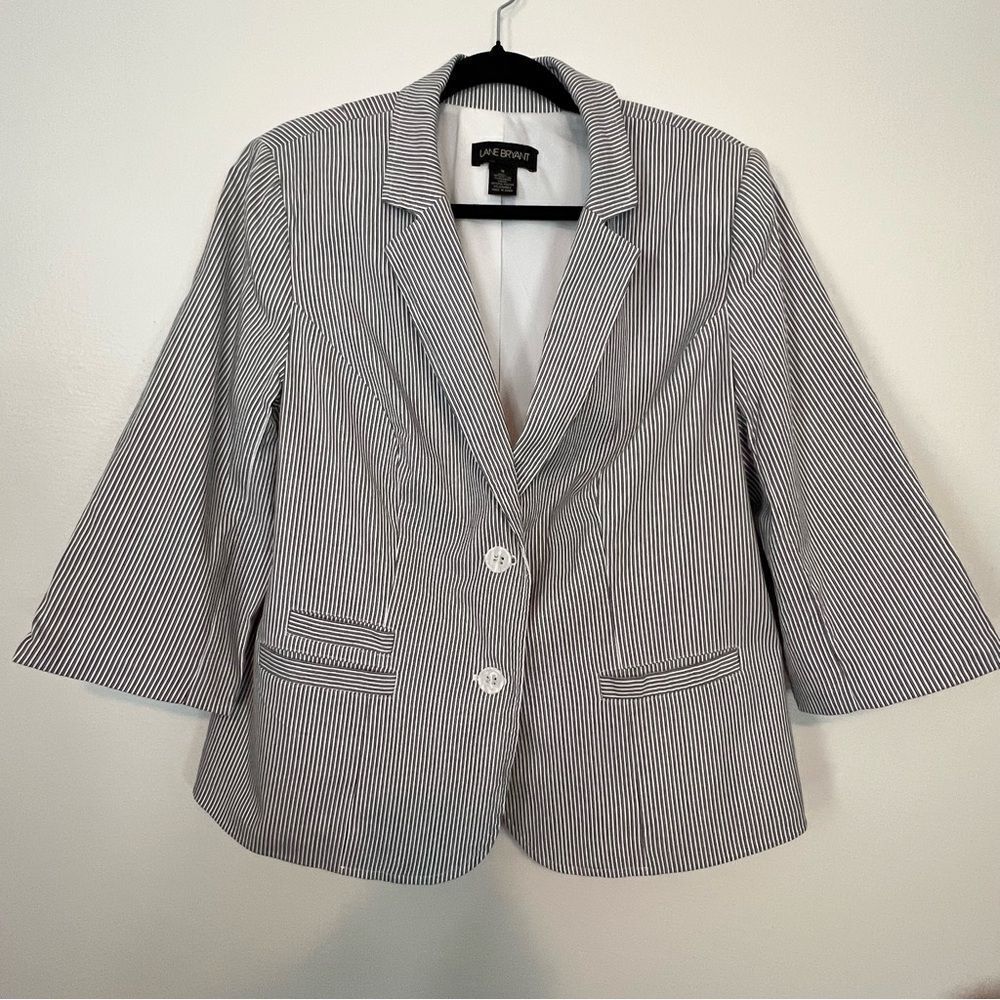 Lane Bryant Womens Blazer Jacket Button 3/4 Sleeves Blue White Stripes Size 16